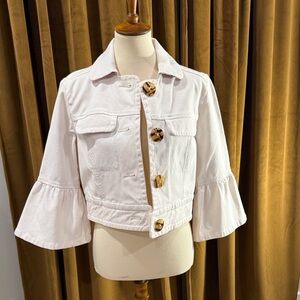 Anthropologie White Cropped Bell-Sleeve Jean Jacket with Tortoiseshell Buttons